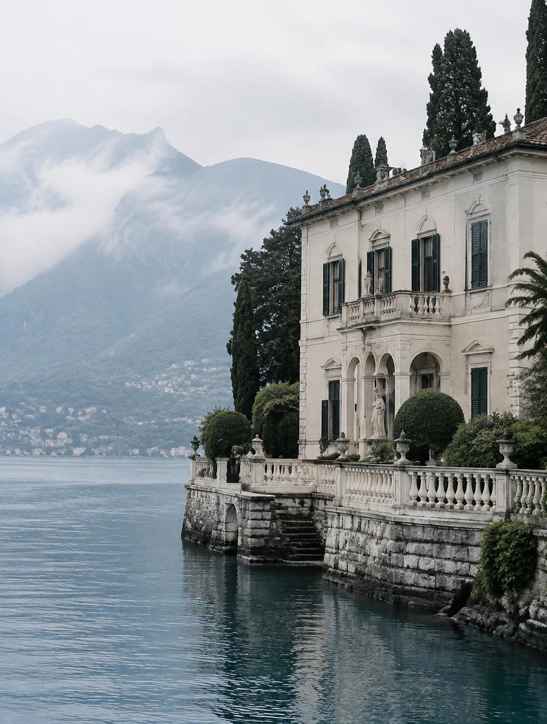 The pale stone villa rising from the still water of Lake Como