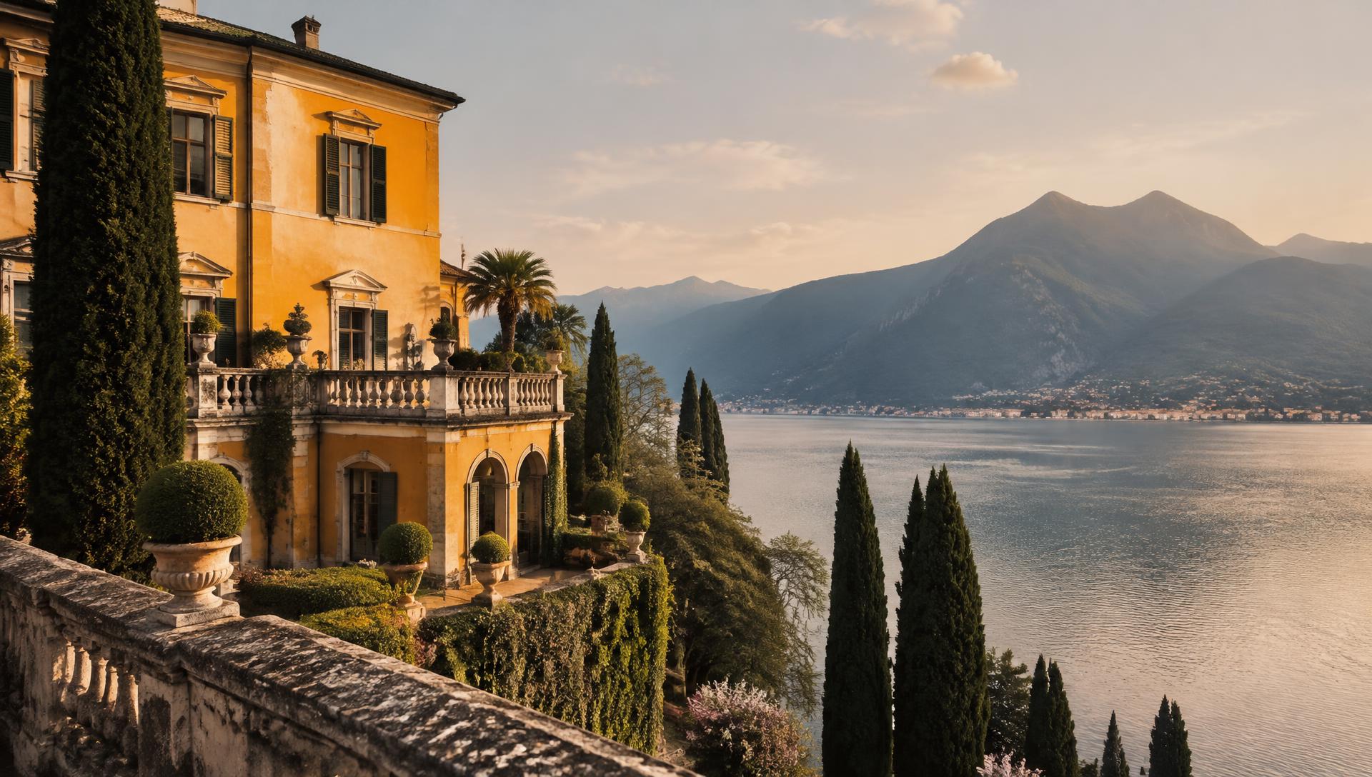 The villa and its terraces above Lake Como at golden hour